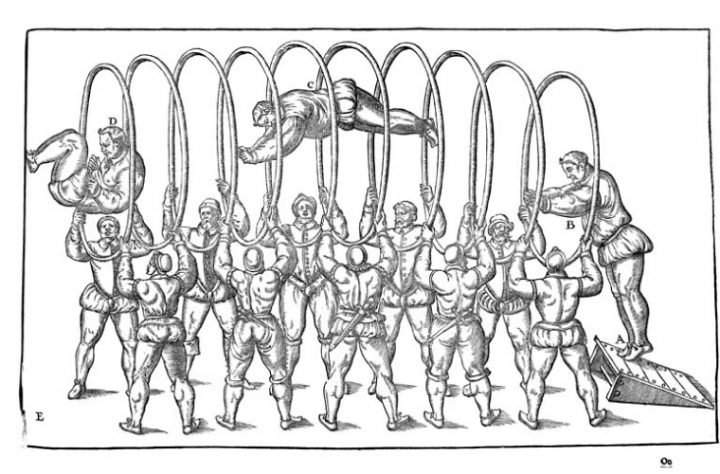 Saltos gimnástico-acrobáticos, Tuccaro (1599). Fuente: Wikipedia.